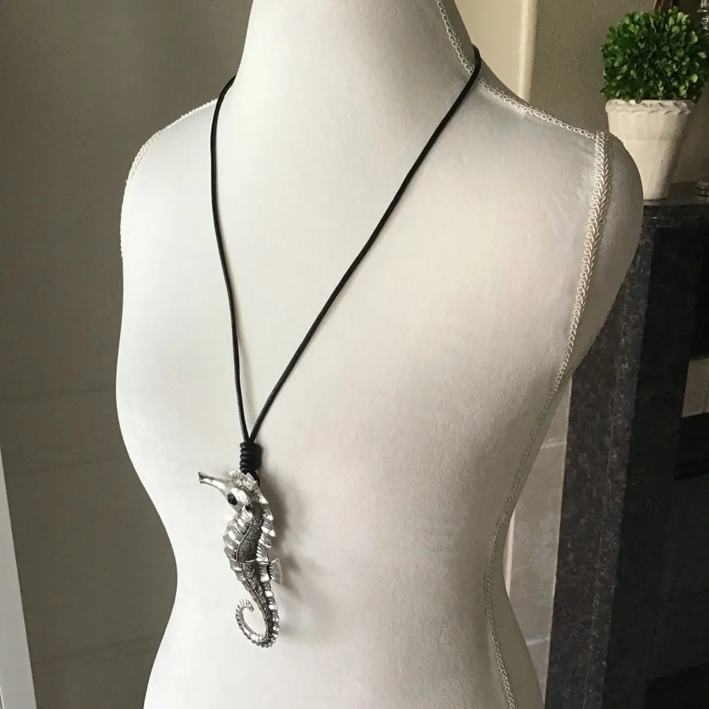 Seahorse Statement Necklace Black Cord Rhinestone Eye Reticulated Florida Beach